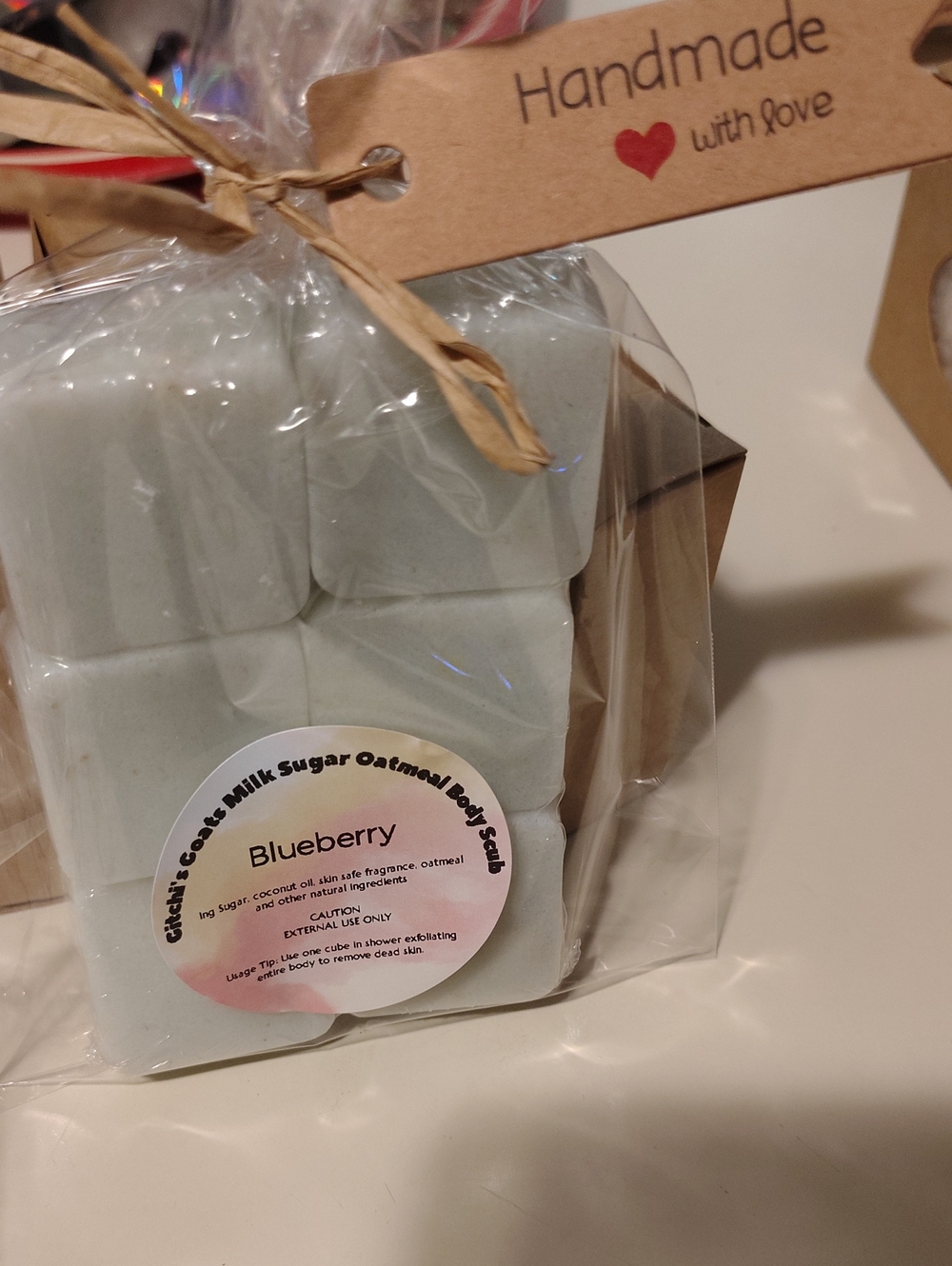 6 Handmade Goats Milk Oatmeal Blueberry Pie Sugar Scrub Bars - White